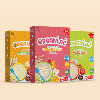 Organilac Bundle 02: Sunshine Oats, Wheat & Fruits and Happy Harvest Multigrain organic baby cereals