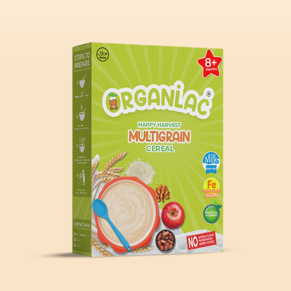 Organilac Happy Harvest Multigrain organic baby cereal box, front (8+ months)
